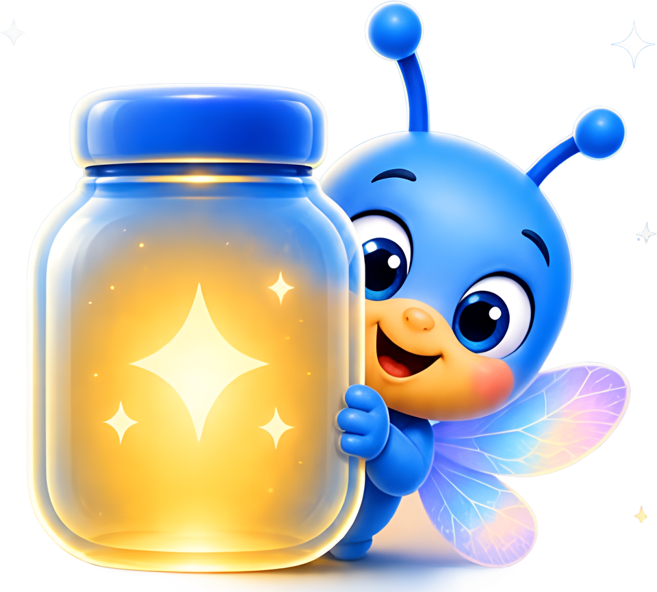 Beam, the BEAM firefly, peeking out from behind a glowing jar full of light.