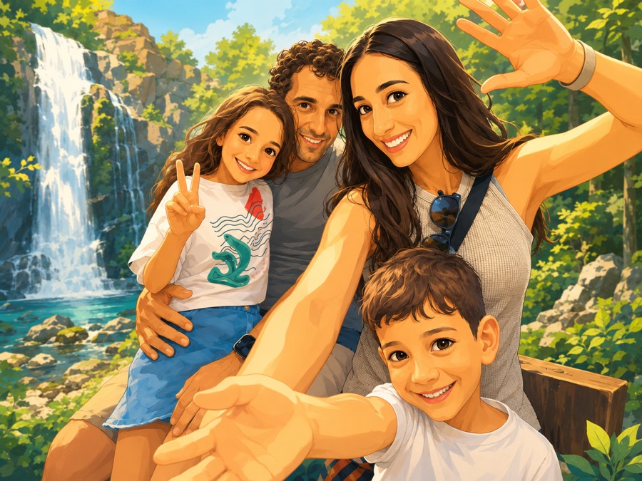 An illustrated family selfie in front of a waterfall — parents and two kids smiling on a sunny hike.